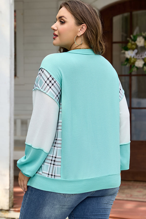 Back view of twist ribbed colorblock plaid patchwork plus size long sleeve top