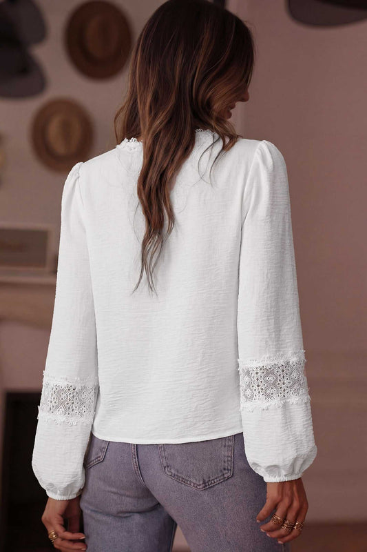 Back view of White Guipure Lace Frill Blouse showing plain back and lace-detailed long sleeves, ideal for spring and summer outfits.