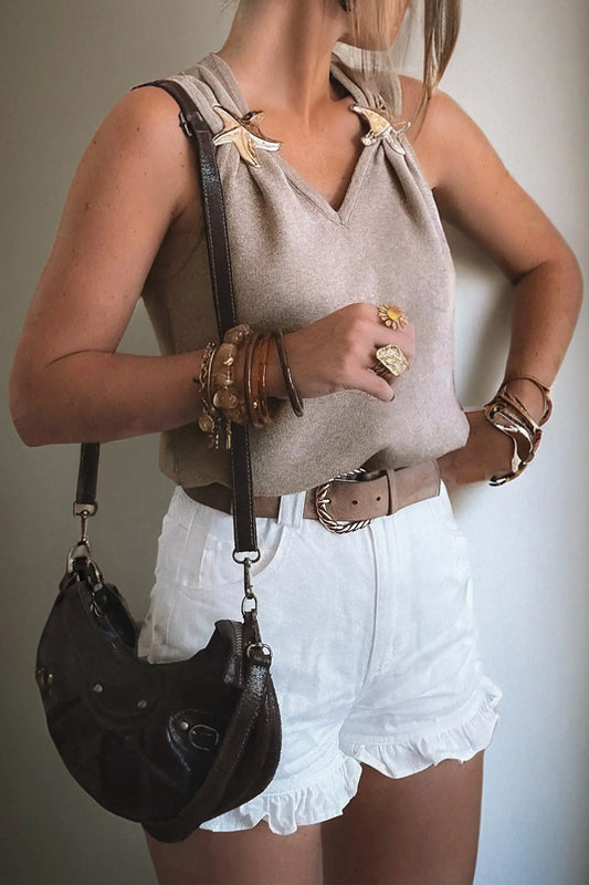 Gray morn metal star detail v neck sweater knit tank top