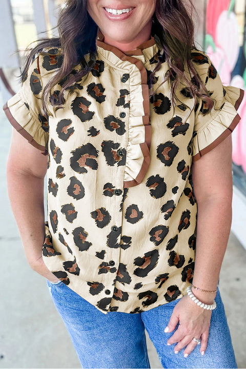 Leopard frilled colorblock button down plus size blouse in khaki — front view