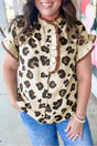 Leopard frilled colorblock button down plus size blouse in khaki — front view