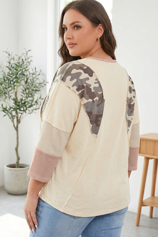 Plus Size Camo Panel Twist Sleeve Loose Blouse Women UK