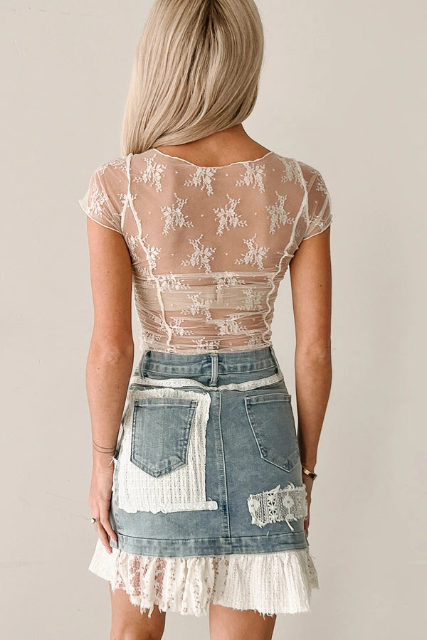Exposed seam ruched sheer floral mesh top back view — Fashionfitz UK