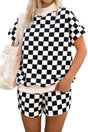 Checkered colour block trim mock neck short set outfit sets