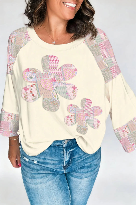 Beige floral patchwork long sleeve top colour block retro women uk | fashionfitz