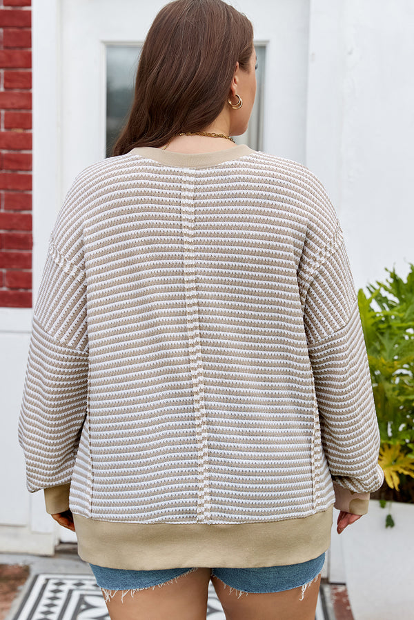 Back view of stripe breathable knit ribbed trim plus size long sleeve top
