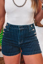 Blue stripe metal button high waist denim shorts front view — Fashionfitz UK