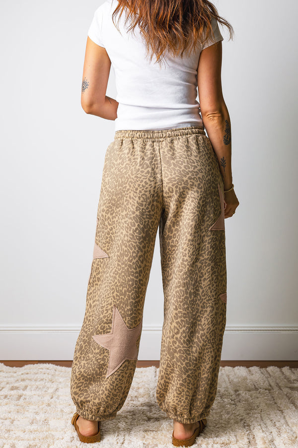 Leopard Star Patch Drawstring Jogger Pants Women UK