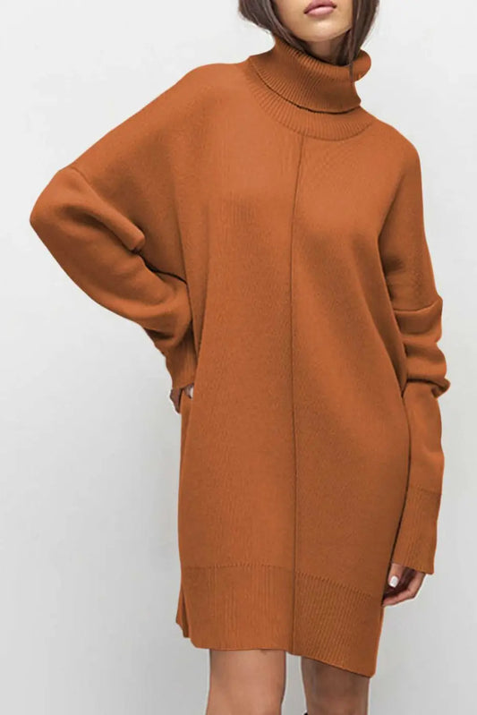 Brown Oversized Turtleneck Jumper Dress worn by a person on a white background
