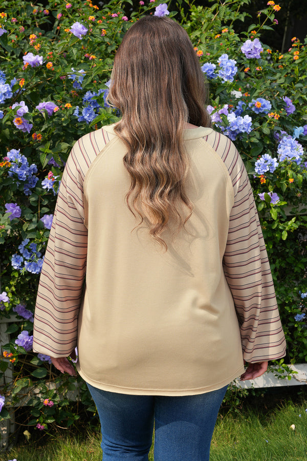 Back view of striped raglan sleeve plus size jumper