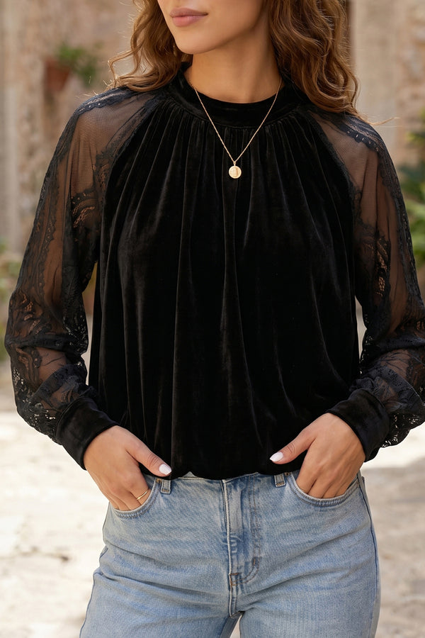 Velvet lace blouse back view showing stand neck collar — Fashionfitz UK