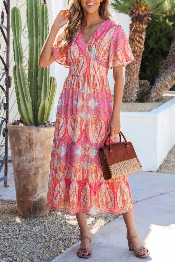 Multicolour Paisley V Neck Short Sleeve Boho Maxi Dress Women UK