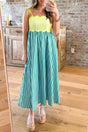 Stripe Scalloped Patchwork Knot Strap Midi Dress Women UK