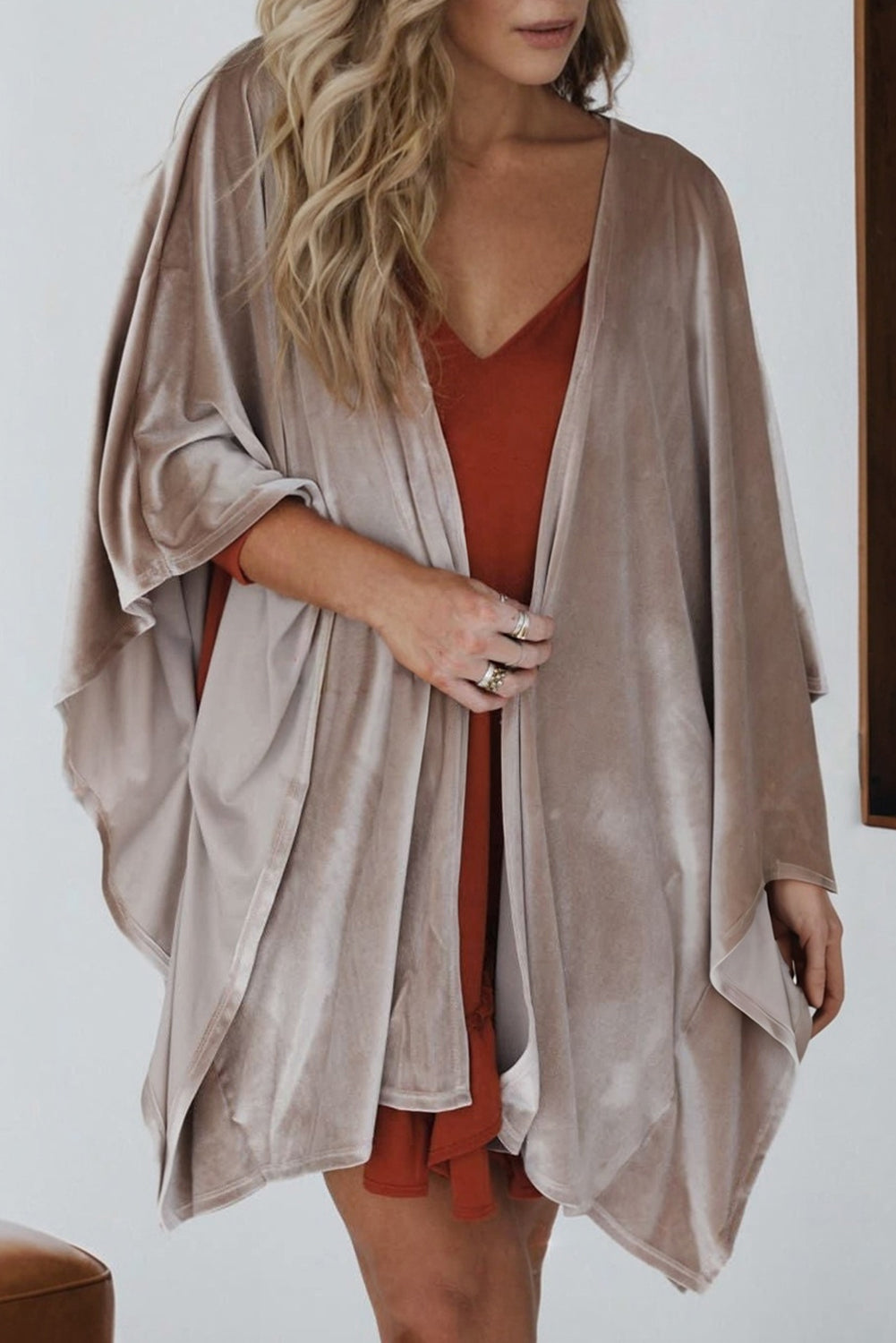 Open Front Draped Velvet Kimono