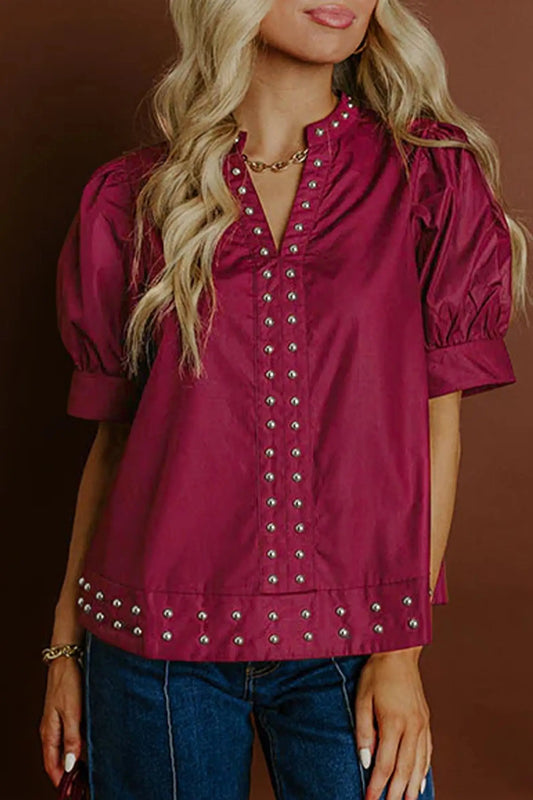 Burgundy rivet embellished puff sleeve V-neck blouse — front view | Fashionfitz UK