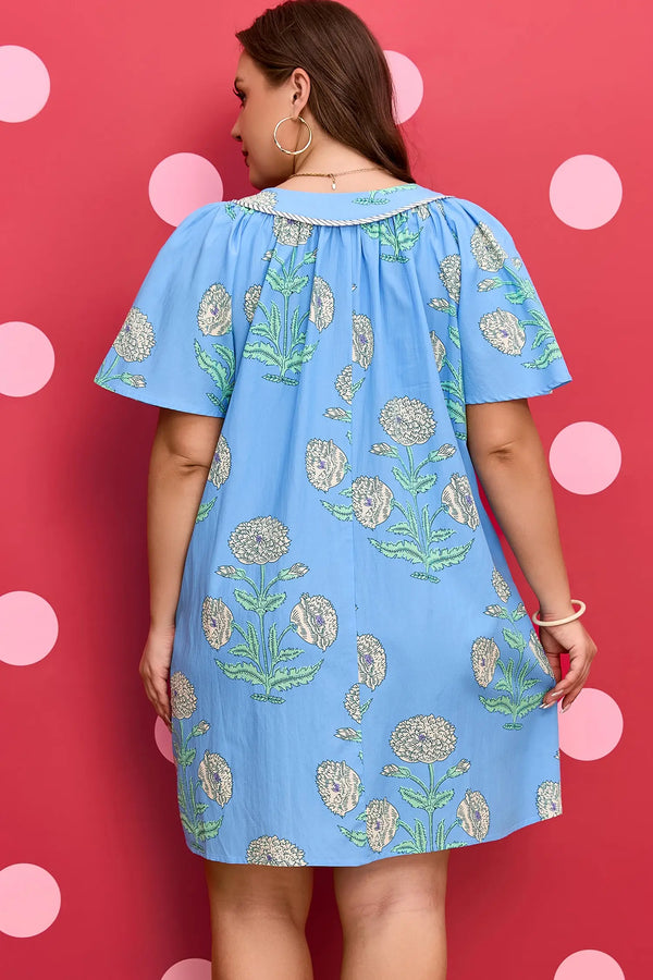 Sky Blue Plus Size Periwinkle Floral Split Neck Mini Dress Women UK — back view