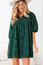 Blackish Green Embroidered Eyelet 3/4 Puff Sleeve Swing Mini Dress Women UK