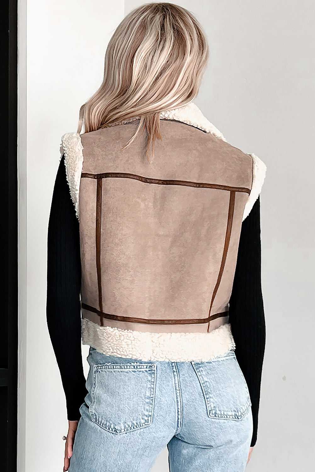 Back-view of Women’s khaki sherpa lined suede vest with lapel collar – winter outerwear