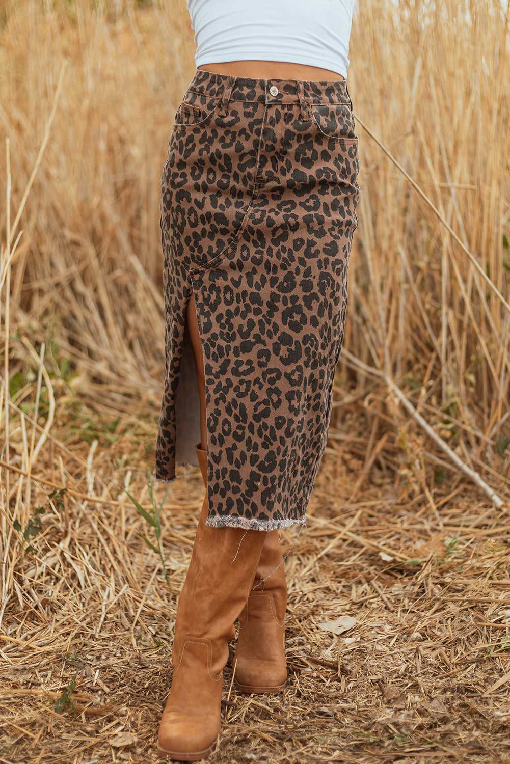 Leopard Denim Midi Skirt - Summer Fashion by FashionFitz styled with white crop top and boots, perfect for western summer vibes.