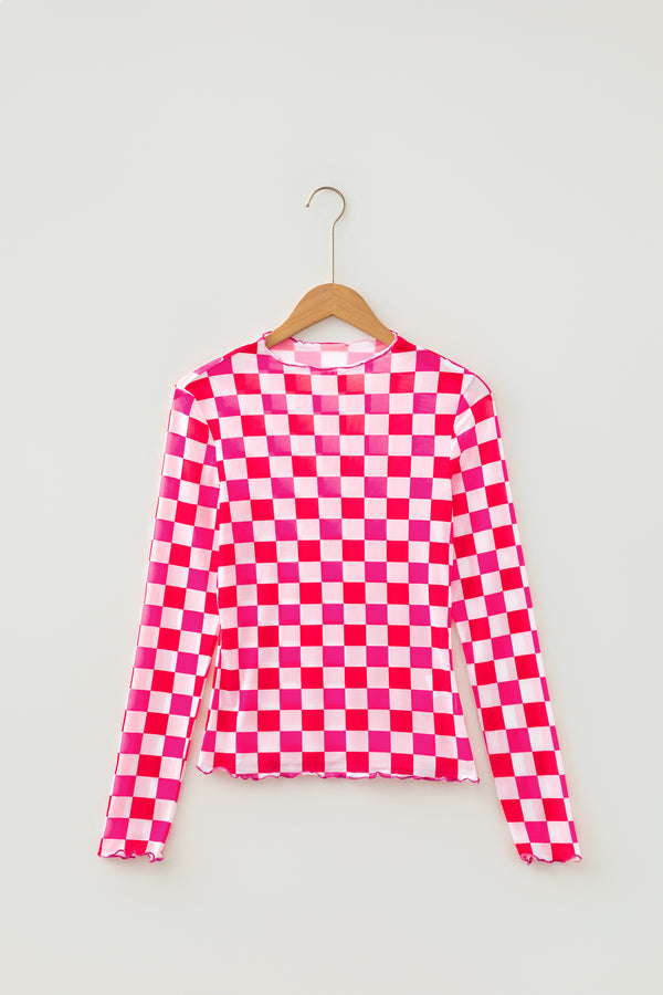 Plaid Heart Mesh Sheer Long Sleeve High Neck Blouse