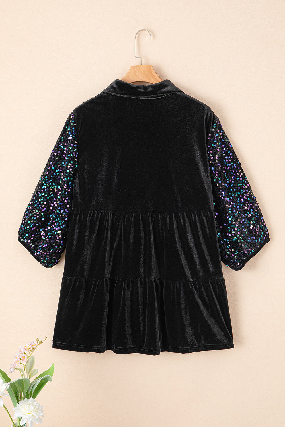 Black Sequin Puff Sleeve Velvet Peplum Shirt