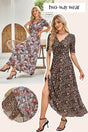 Brown Mesh Leopard Floral V Neck Short Sleeve Dress Women UK