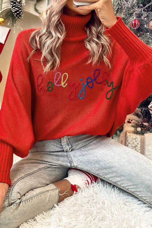 Stylish high neck red sweater with 'holly jolly' embroidery in rainbow colors, perfect for Christmas celebrations and winter fashion.