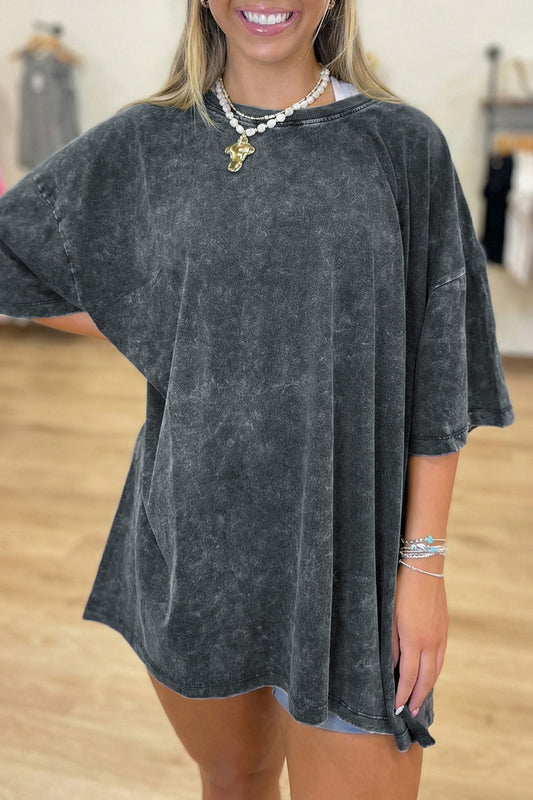 Mineral Washed Oversized Cotton Tee Drop Shoulder Round Neck Tunic Length