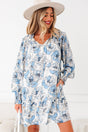 Sky Blue Floral Tie Neck Long Sleeve Flowy Mini Dress Women UK — front view