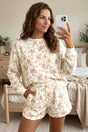 Beige floral print long sleeve shift top and pocketed shorts 2-piece set front view — Fashionfitz UK