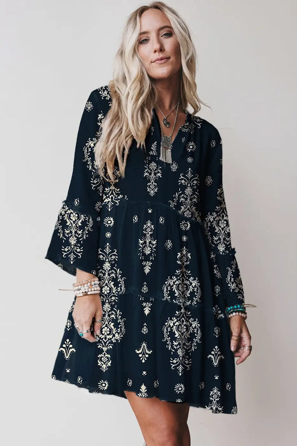 Blue boho floral print mini dress women | v-neck 3/4 sleeve resort