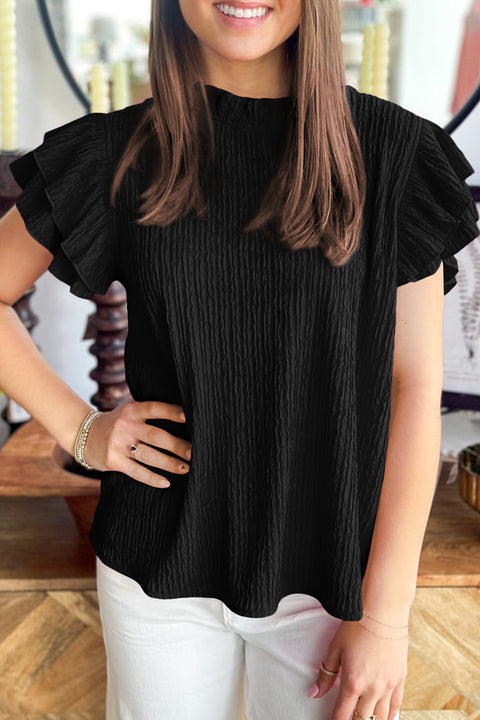 Black Textured Ruffle Trim Short Sleeve Blouse Women UK