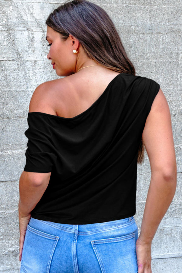 Back view of asymmetric neck plus size short sleeve blouse