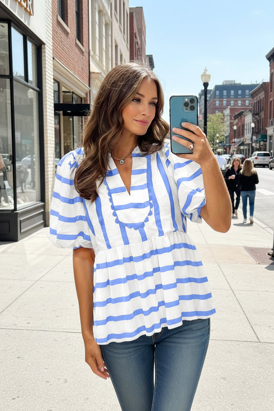 Sky blue stripe split v neck puff sleeve summer blouse