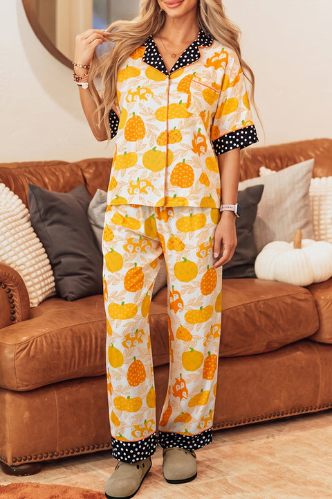 Pumpkin Print Polka Dot Trim Short Sleeve Lounge Set Women UK