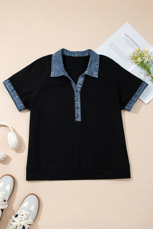 Back view of textured denim patchwork button polo plus size tee