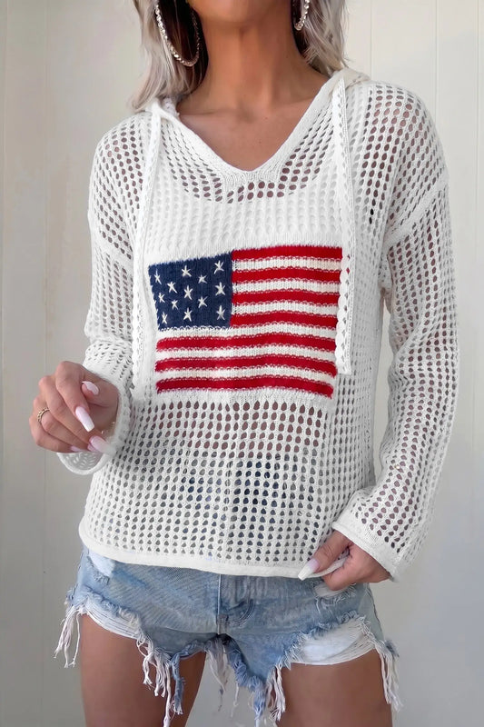 Hollow Out Crochet Knit American Flag Patch Drawstring Hoodie