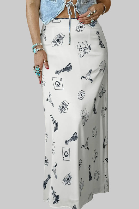 White western print satin long skirt
