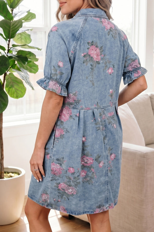 Floral Print Denim Short Sleeve Button-Down Dress — side view | Fashionfitz UK