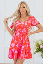 Red Floral Bubble Sleeve Sweetheart Neck Ruffled Mini Dress Women UK