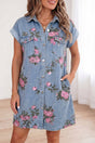 Sky Blue Denim Floral Print Cuffed Short Sleeve Button Down Shift Dress