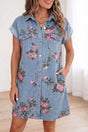 Sky Blue Denim Floral Button Down Shift Dress Women UK