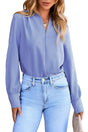Sky blue v neck breezy long sleeve solid pleated blouse