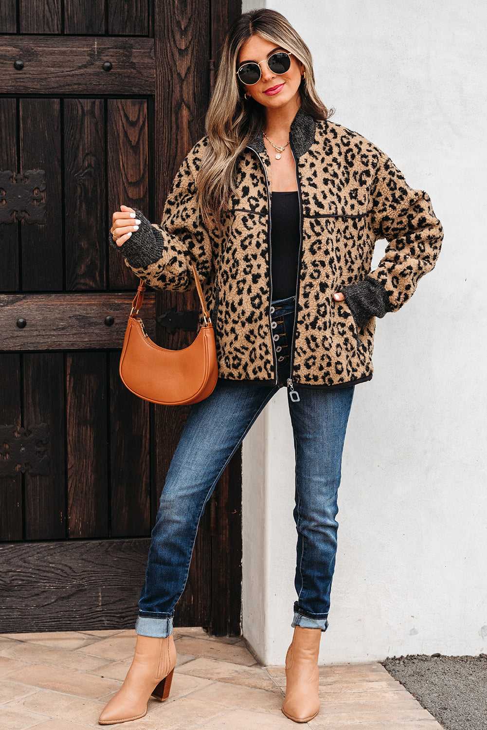 Full outfit view featuring Khaki Leopard Crop Jacket - Fleece Layering Piece paired with jeans and boots for a casual fall look.