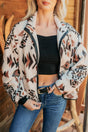 Beige Geometric Print Long Sleeve Shirt Collar Zip-up Placket Binding Tape Jacket