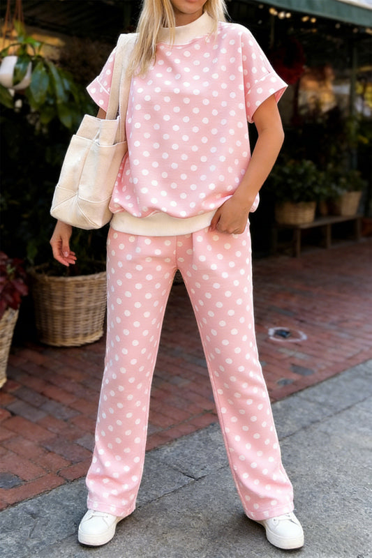 Polka Dot Mock Neck Short Sleeve Top & Shift Trousers Co-Ord Set