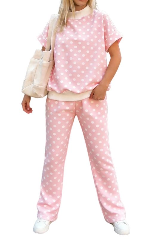 Pink polka dot print mock neck short sleeve top shift pant set