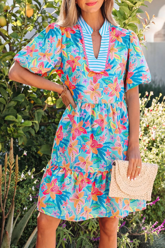 Floral Contrast Scallop Trim V-Neck Mini Dress Women UK