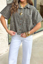 Gray Leopard Short Sleeve Denim Shirt Women UK — front view showing all-over gray leopard print on 100% cotton denim — Fashionfitz
