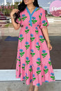Plus size floral striped V-neck puff sleeve ruffle tiered maxi dress front view — Fashionfitz UK